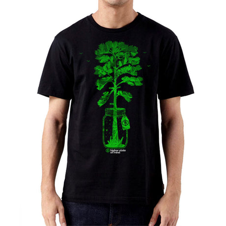 StonerDays Men's black cotton tee with green tree in a jar graphic, front view, sizes S-XXXL