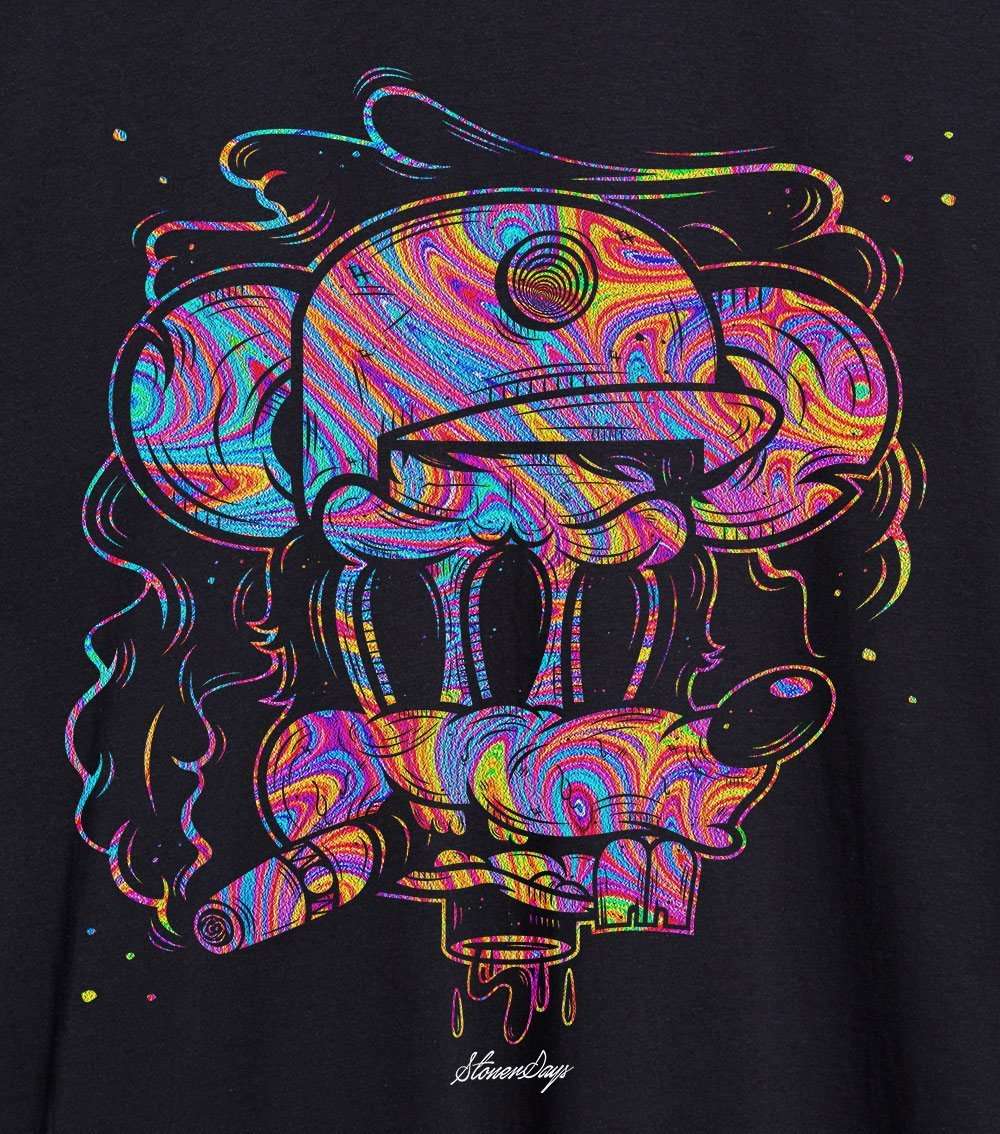 StonerDays Men's Trippy Mouse Tee close-up showing vibrant psychedelic design on black cotton