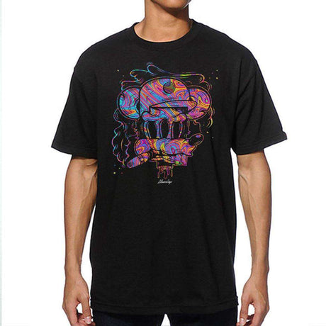 StonerDays Men's Trippy Mouse Tee front view on model, vibrant psychedelic design on black cotton.