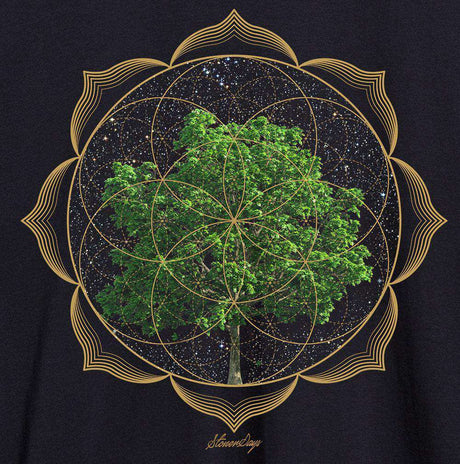 StonerDays Men's Trippy Trees Tee featuring cosmic tree design on black cotton fabric