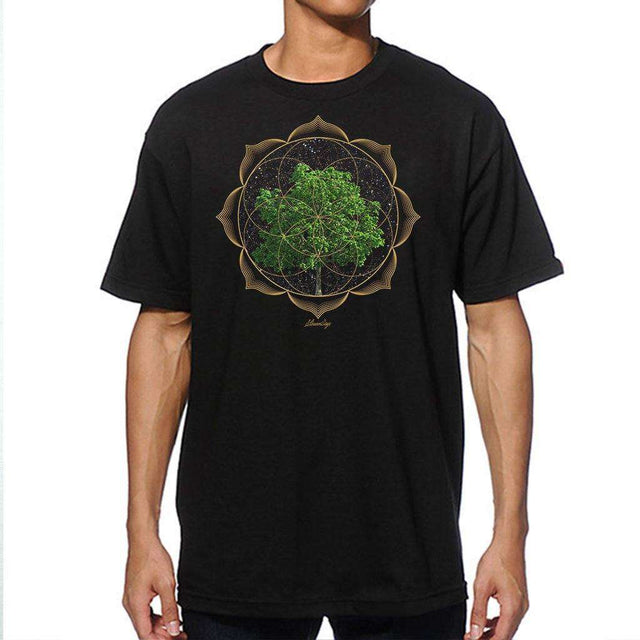 StonerDays Men's Trippy Trees Tee in black, front view on model, sizes S-3XL available