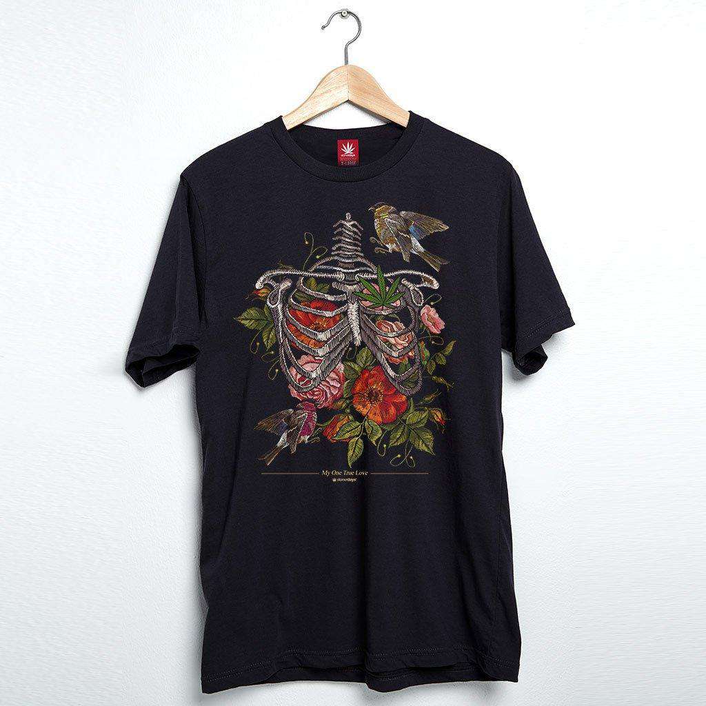 StonerDays Men's True Love Tee in black with vibrant graphic print, front view on hanger