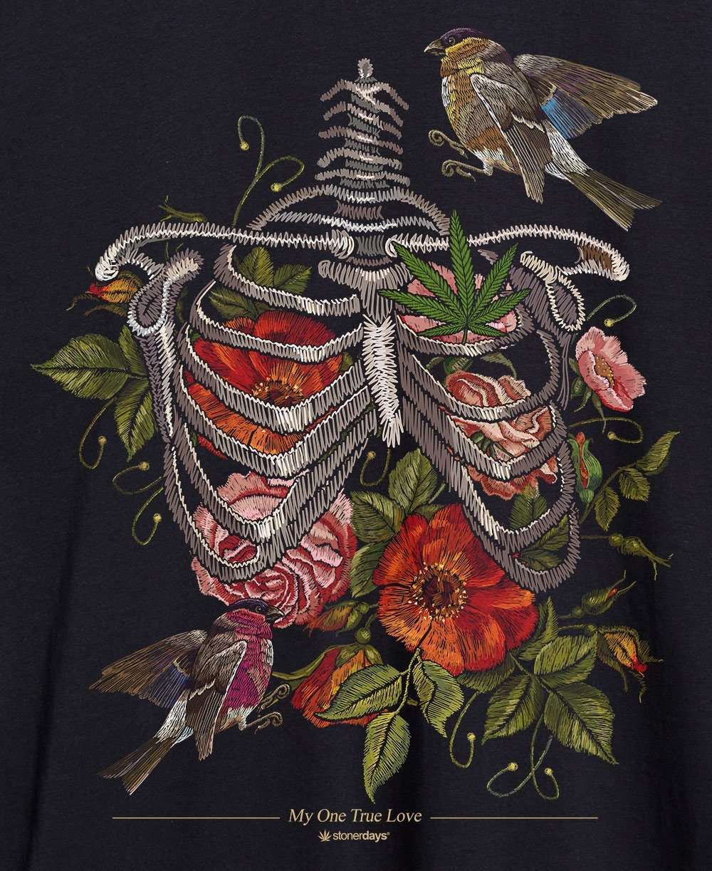 StonerDays Men's True Love Tee in black with detailed ribcage and cannabis leaf design