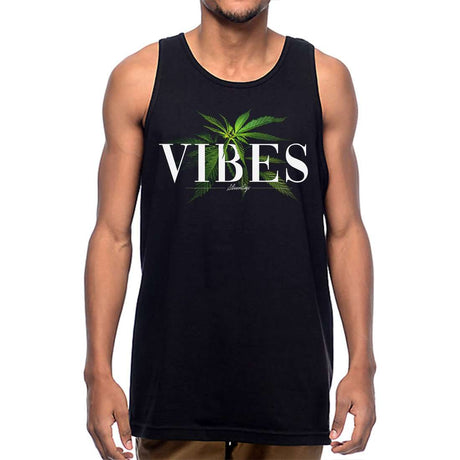 StonerDays Men's Vibes Tank Top in black, front view, featuring a bold cannabis leaf design.