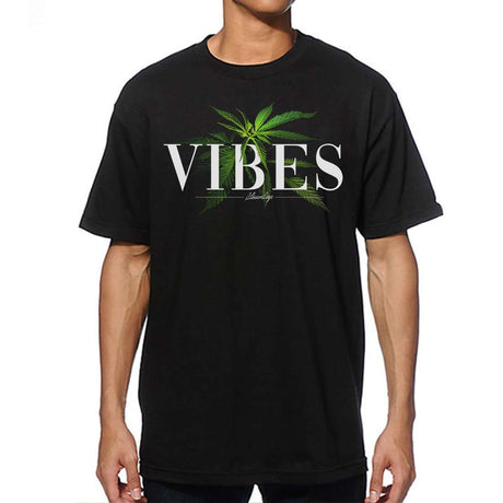 StonerDays Men's Vibes Tee front view showcasing cannabis leaf design on black cotton fabric