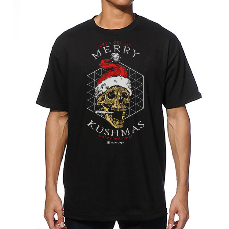 StonerDays Merry Kushmas Men's T-Shirt in Brown with Festive Skull Graphic, Front View