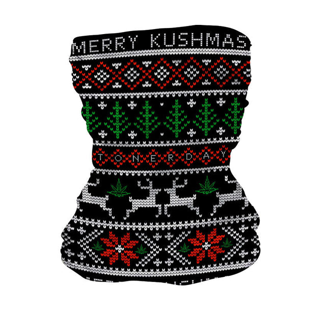 StonerDays Merry Kushmas Neck Gaiter in festive green and red with cannabis leaf patterns