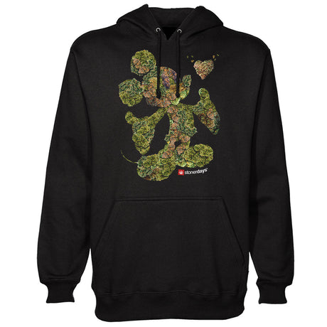 StonerDays Mickey Nugs Hoodie in black, front view, sizes S-XXL, with cannabis-inspired design