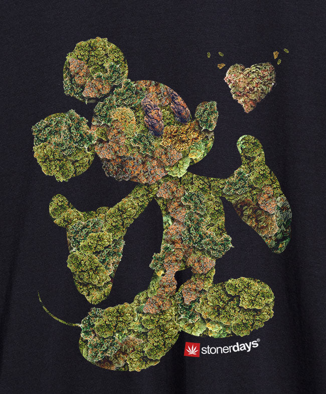 StonerDays Mickey Nugs Tank top with cannabis-themed Mickey Mouse design on black fabric, unisex fit