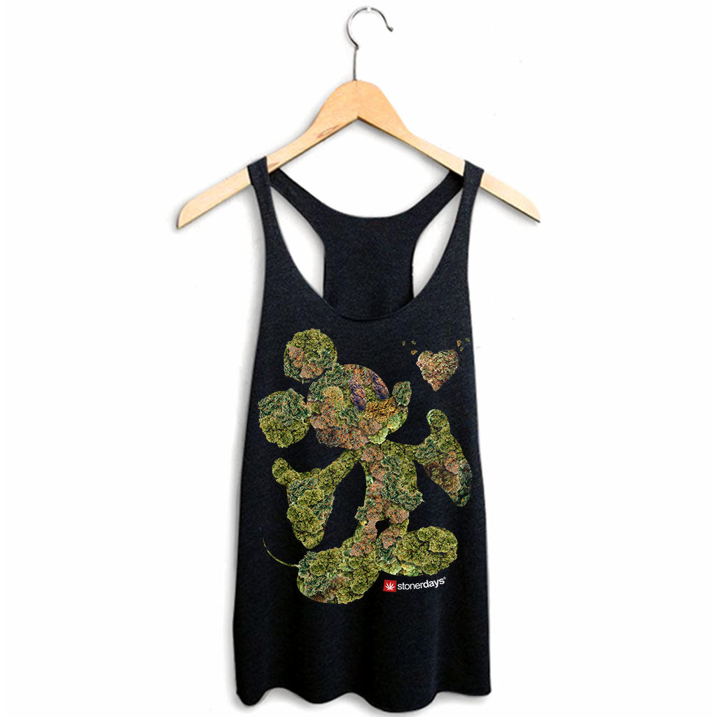 StonerDays Mickey Nugs Women's Racerback tank, cannabis-themed design, sizes S-2XL, front view on hanger