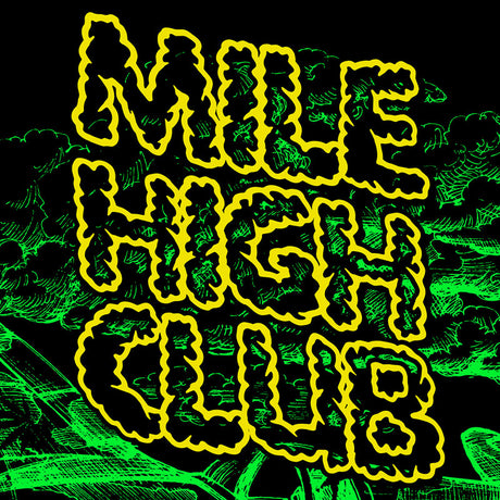 StonerDays Mile High Club Crop Top Hoodie in green with bold graphics, front view on white background