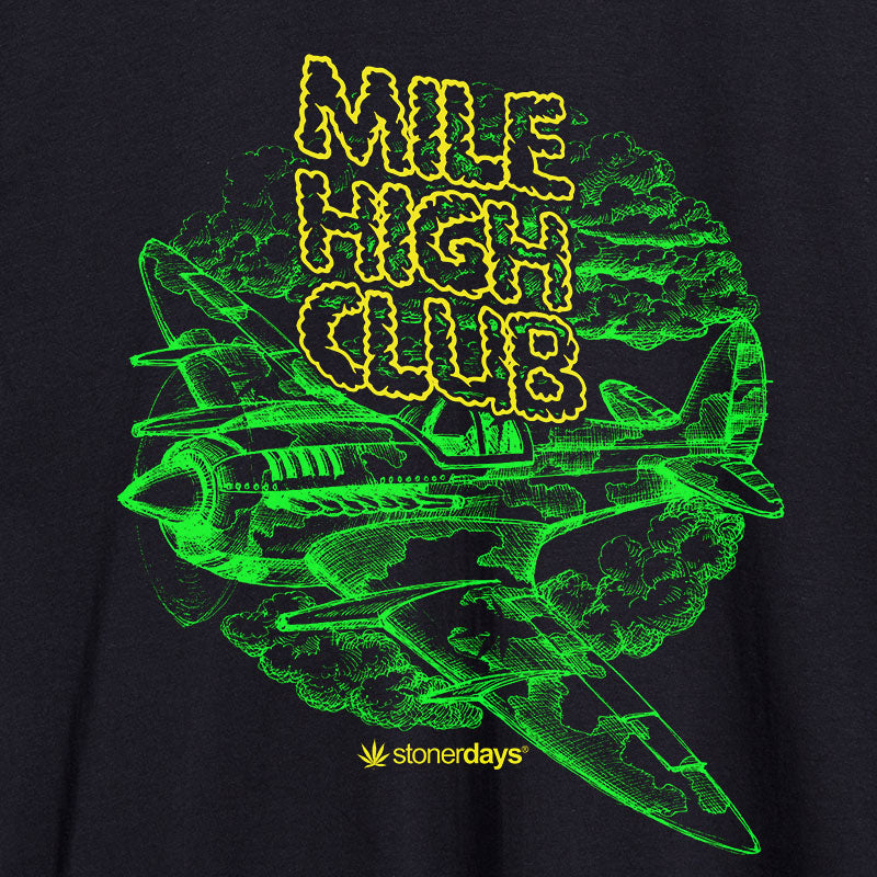 StonerDays Mile High Club Crop Top Hoodie in green with bold graphic, front view on white background