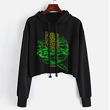 StonerDays Mile High Club Women's Crop Top Hoodie in Black with Green Print, Front View