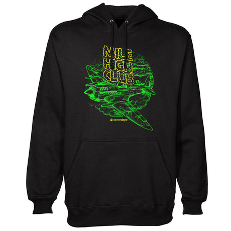 StonerDays Mile High Club black hoodie front view with green graphic design, sizes S-XXXL
