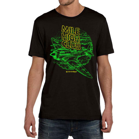StonerDays Mile High Club black cotton men's t-shirt with green graphic, front view