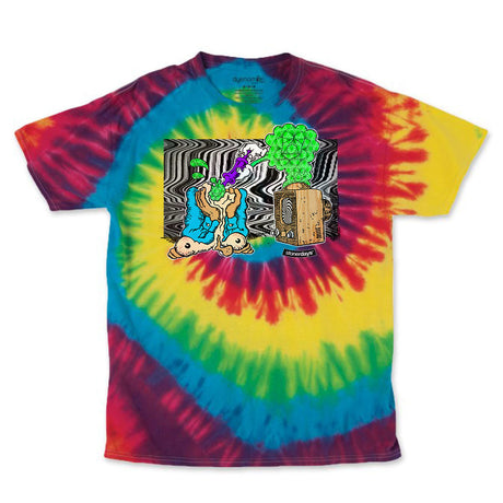 StonerDays Mind Control Tie Dye Tee with vibrant rainbow swirl pattern, front view on white background