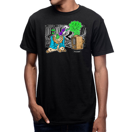 StonerDays Mind Control Tee in black cotton, front view on model with colorful graphic design
