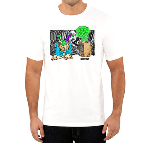 StonerDays Mind Control graphic white tee front view on male model