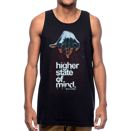 StonerDays Mind Over Matter Men's Tank Top in black with graphic print, front view on model