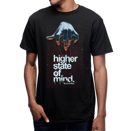 StonerDays Mind Over Matter Men's Tee front view on model, black cotton with graphic print