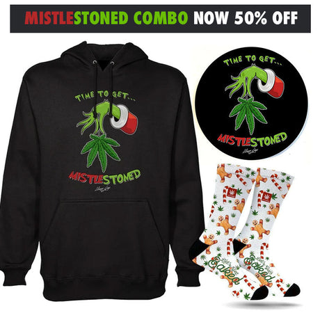 StonerDays Mistlestoned Combo featuring black hoodie and festive socks front view