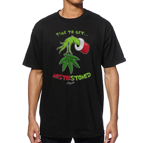 StonerDays Mistlestoned T-Shirt in Green with Festive Cannabis Graphic, Front View on Model