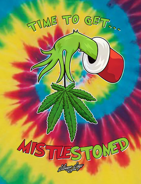 StonerDays Mistlestoned Tee with vibrant tie-dye design and festive graphic, front view on white background