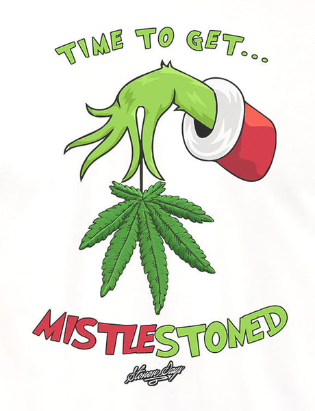 StonerDays Mistlestoned White Tee featuring a cannabis leaf and festive hat graphic, size options up to 3XL