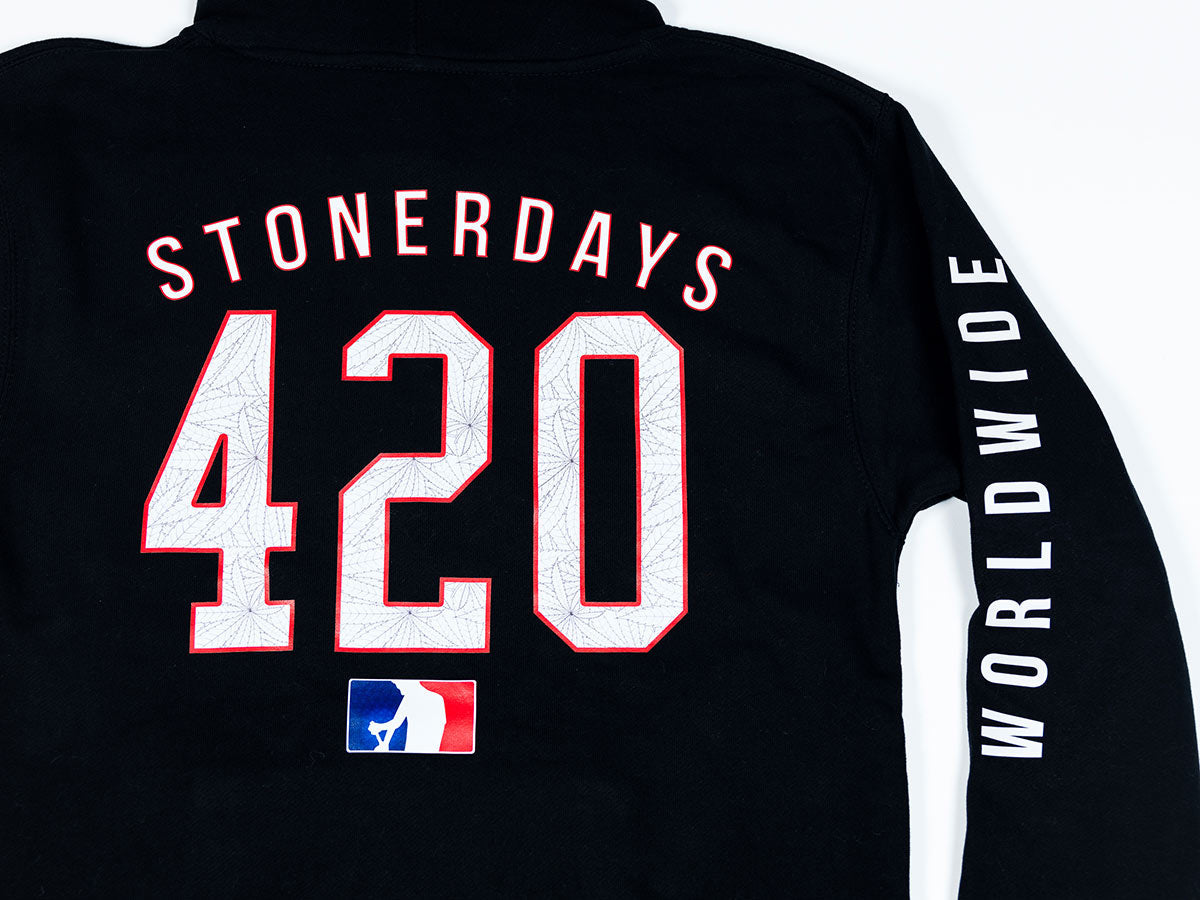 StonerDays Mls All Stars Hoodie back view showcasing 420 logo and WORLDWIDE sleeve text