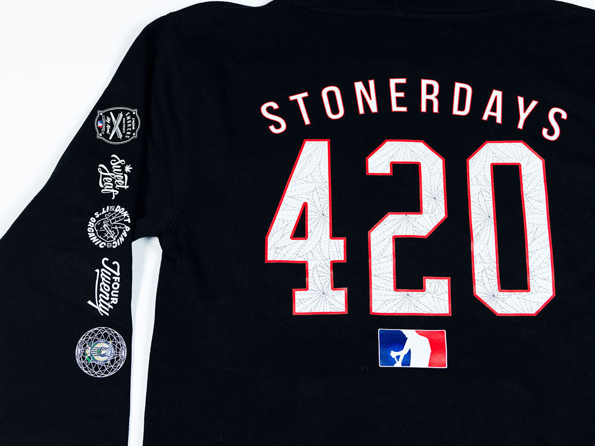 StonerDays Mls All Stars Hoodie close-up, black with 420 print and logo details