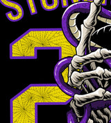 StonerDays Mls Mamba Hoodie close-up, featuring vibrant purple and yellow graphics on black cotton