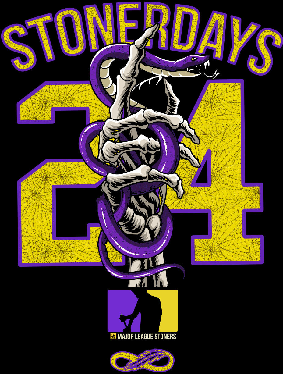 StonerDays Mls Mamba Hoodie design featuring a snake and bold graphics on a purple and yellow background