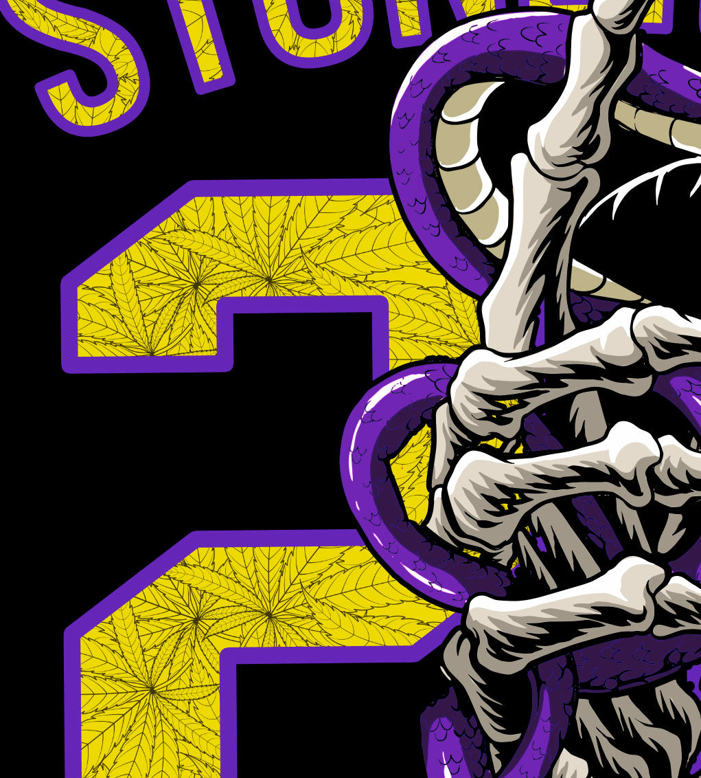 StonerDays Mls Mamba Men's Tank in purple and yellow with bold graphic, close-up view