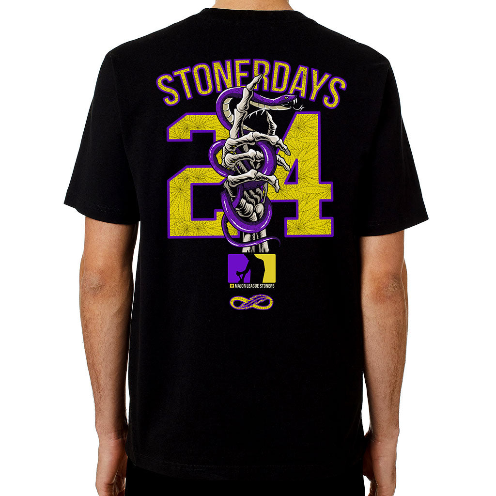 Rear view of StonerDays Mls Mamba Men's Tee in black with vibrant graphic print, made of cotton.