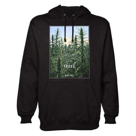 StonerDays black hoodie with "Money Grows On Trees" graphic, front view on white background