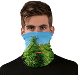 StonerDays Neck Gaiter with Money Grows On Trees design, front view on model