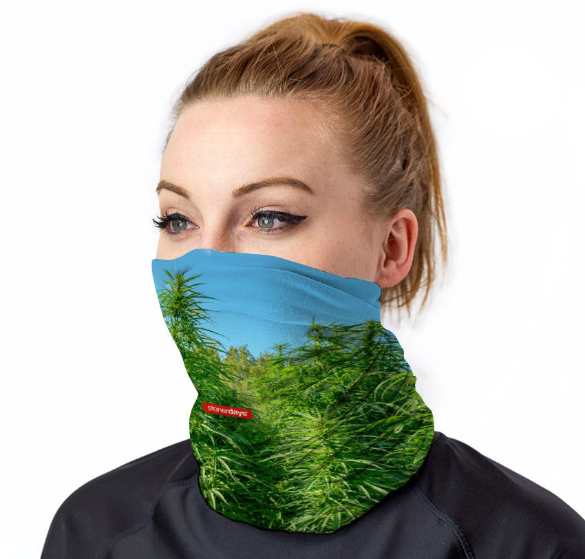 StonerDays neck gaiter with 'Money Grows On Trees' design, front view on model