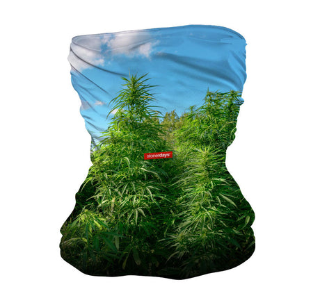StonerDays Neck Gaiter with vibrant cannabis plant print, front view on white background
