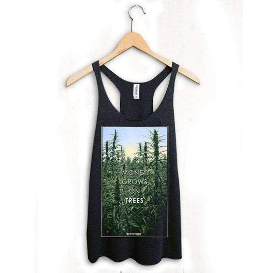 StonerDays Money Grows On Trees Racerback tank top in black, hanging on wooden hanger, front view