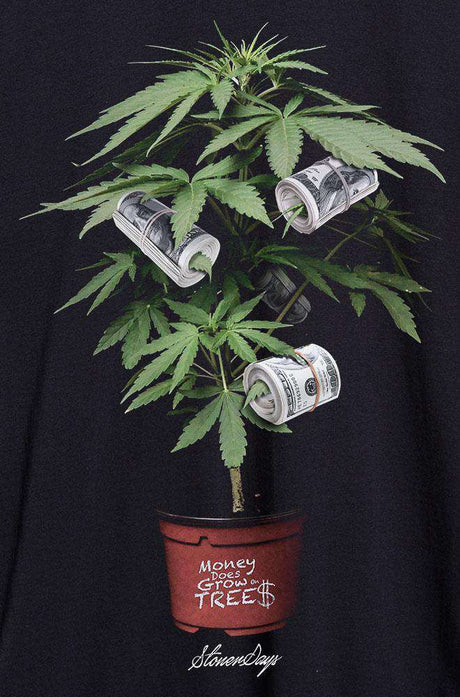 StonerDays Money Tree Hoodie featuring a cannabis plant with dollar bills on black background