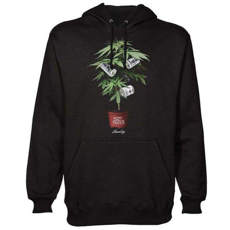 StonerDays Money Tree Hoodie in black, front view, with graphic design, cotton and polyester