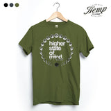 StonerDays Moon Phases Hemp Tee in Herb Green, front view on hanger, with 'higher state of mind' print