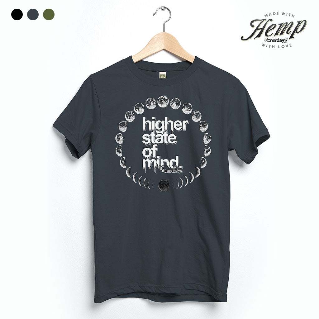 StonerDays Moon Phases Hemp Tee in Smoke Grey, front view on hanger, featuring 'higher state of mind' graphic