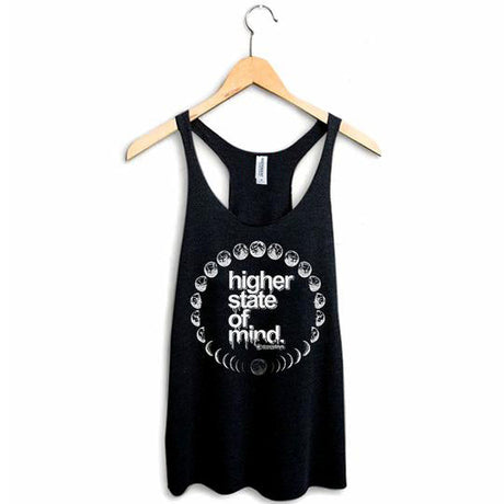 StonerDays Moon Phases Racerback tank top, black, with white graphic, on hanger, front view