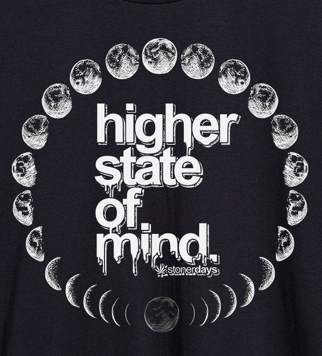 StonerDays Moon Phases Tee close-up, featuring lunar cycle graphics and slogan on cotton fabric