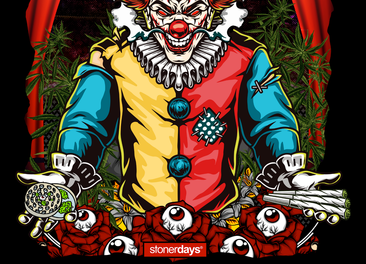StonerDays Mr. Toker Joker graphic t-shirt featuring a vibrant clown design on a black background