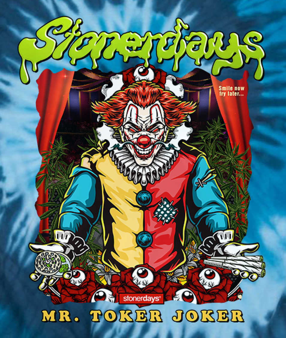 StonerDays Mr. Toker Joker Blue Tie Dye T-Shirt with vibrant clown graphic, available in multiple sizes