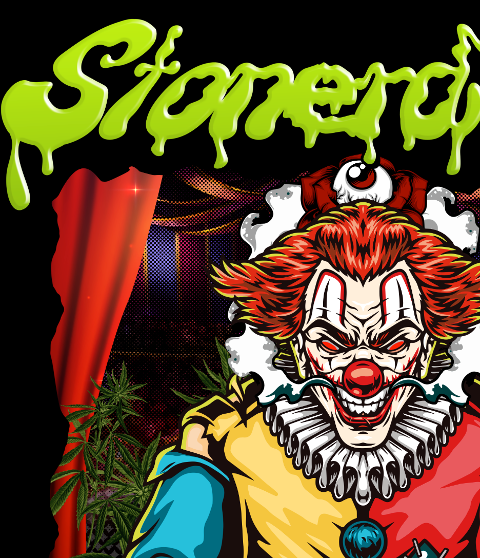 StonerDays Mr. Toker Joker Crop Top Hoodie with vibrant clown print, front view on a black background