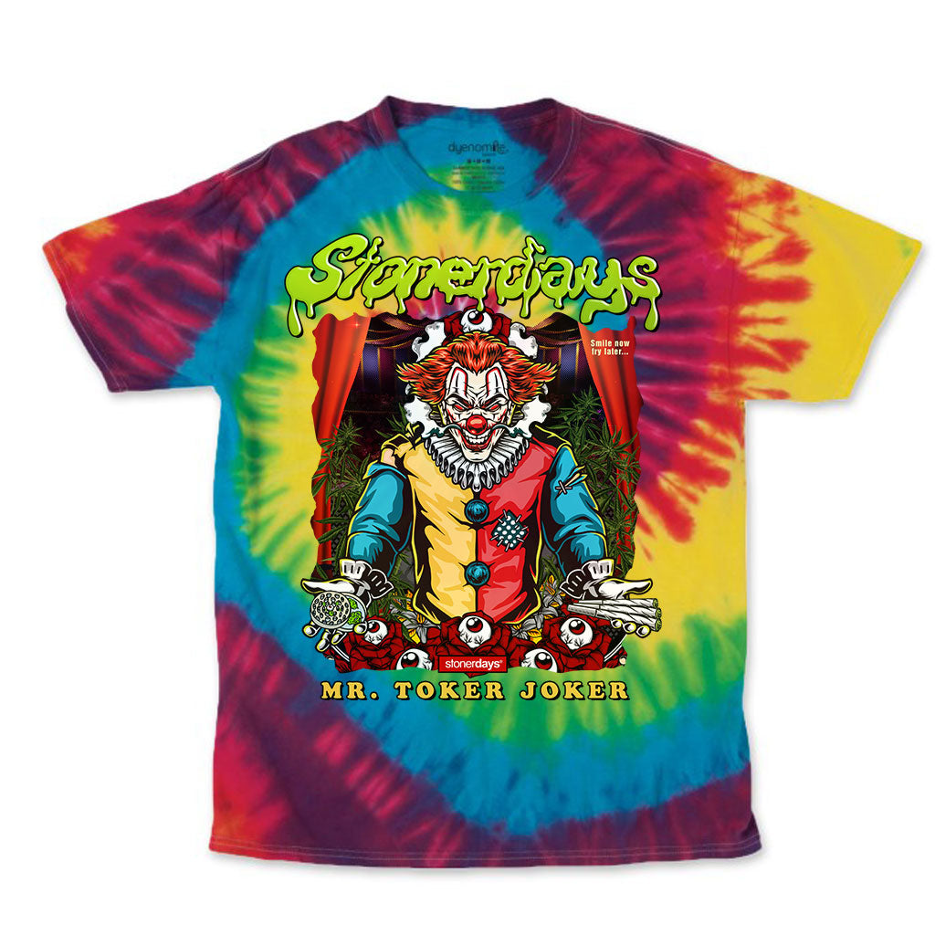 StonerDays Mr. Toker Joker Tie Dye T-Shirt in vibrant rainbow colors, front view on white background