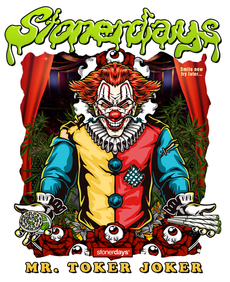 StonerDays Mr. Toker Joker White Tee featuring a vibrant clown graphic on white cotton, size options available.